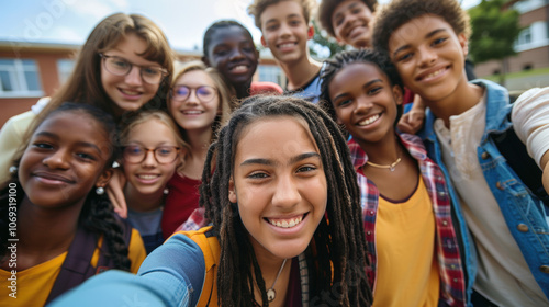 Diverse group of teens snapping a selfie