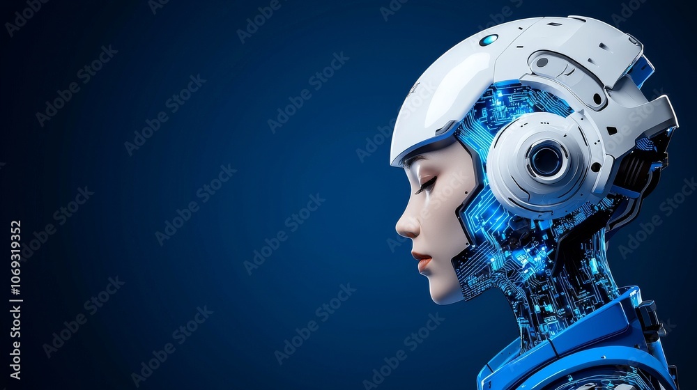 AI, stock, and future technology are represented by a cyberhumanoid girl robot with blue eyes. AI, stock, and future technology are represented by a cyberhumanoid girl robot with blue eyes.