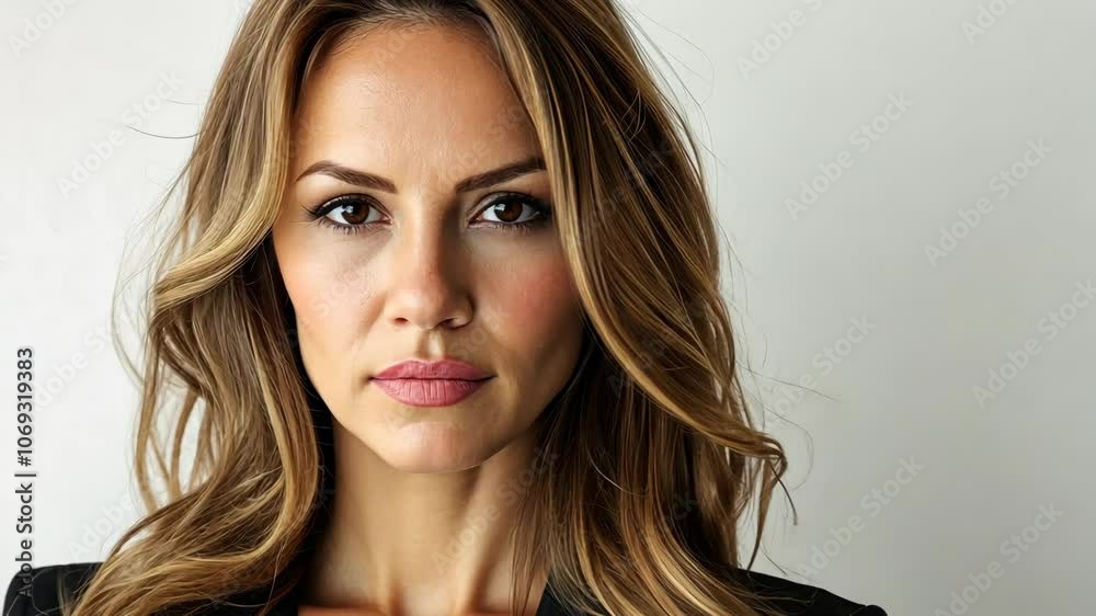 A woman with long brown hair stares directly at the camera A woman with long brown hair stares directly at the camera