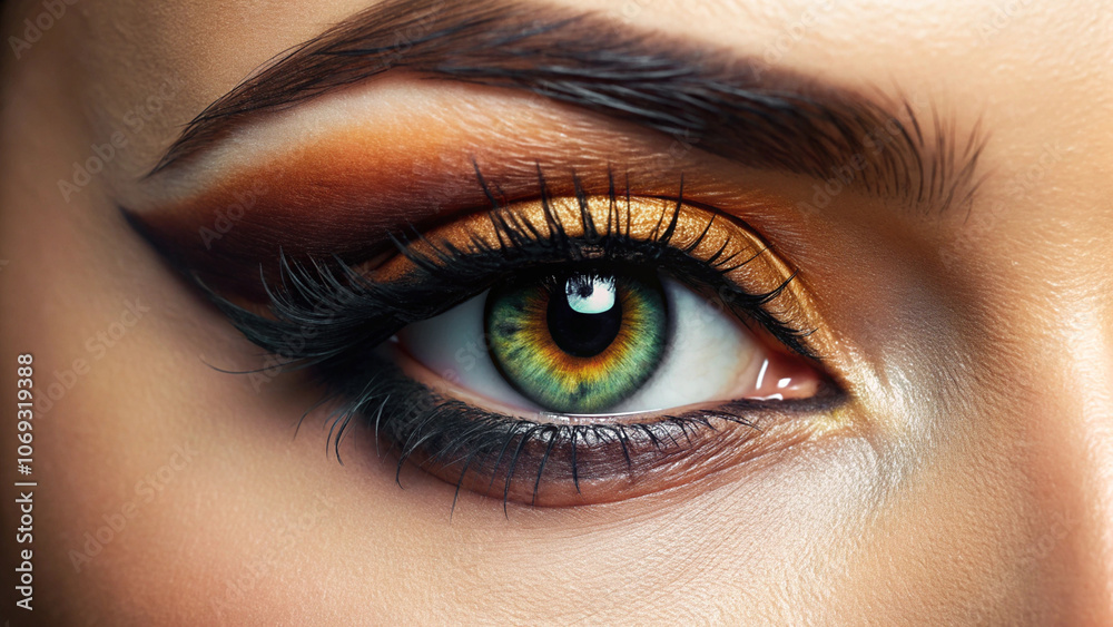 Female green eye with brown eyeshadow close-up, stylish modern makeup Female green eye with brown eyeshadow close-up, stylish modern makeup