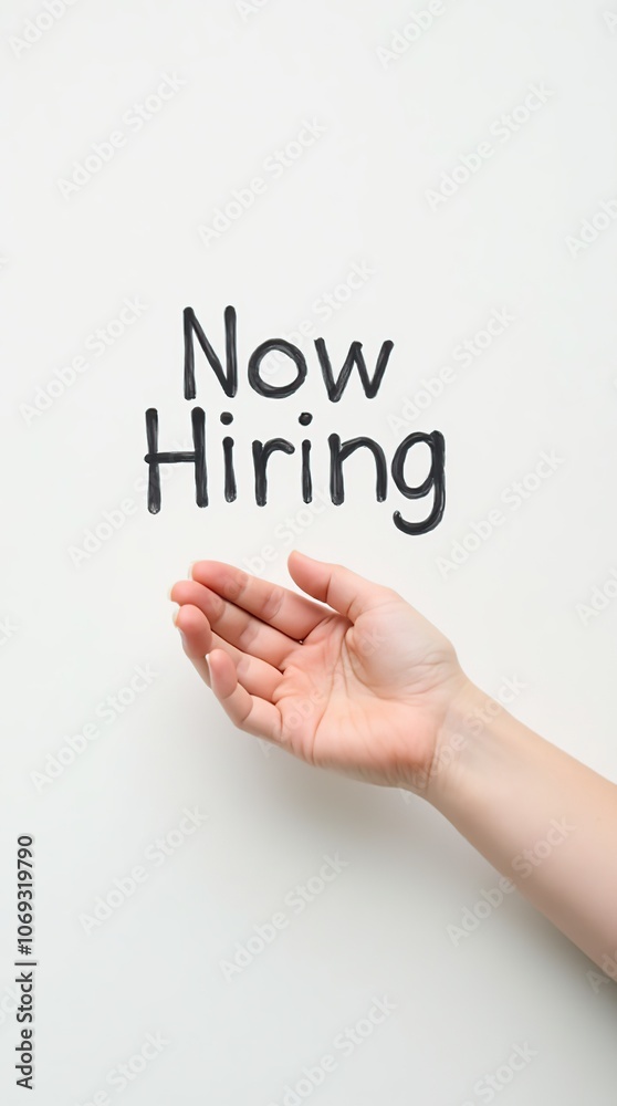 Fototapeta premium Now hiring sign with outstretched hand on white background