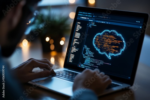 A person works on a laptop displaying artificial intelligence programming code with a digital brain diagram, exemplifying AI development and innovation.