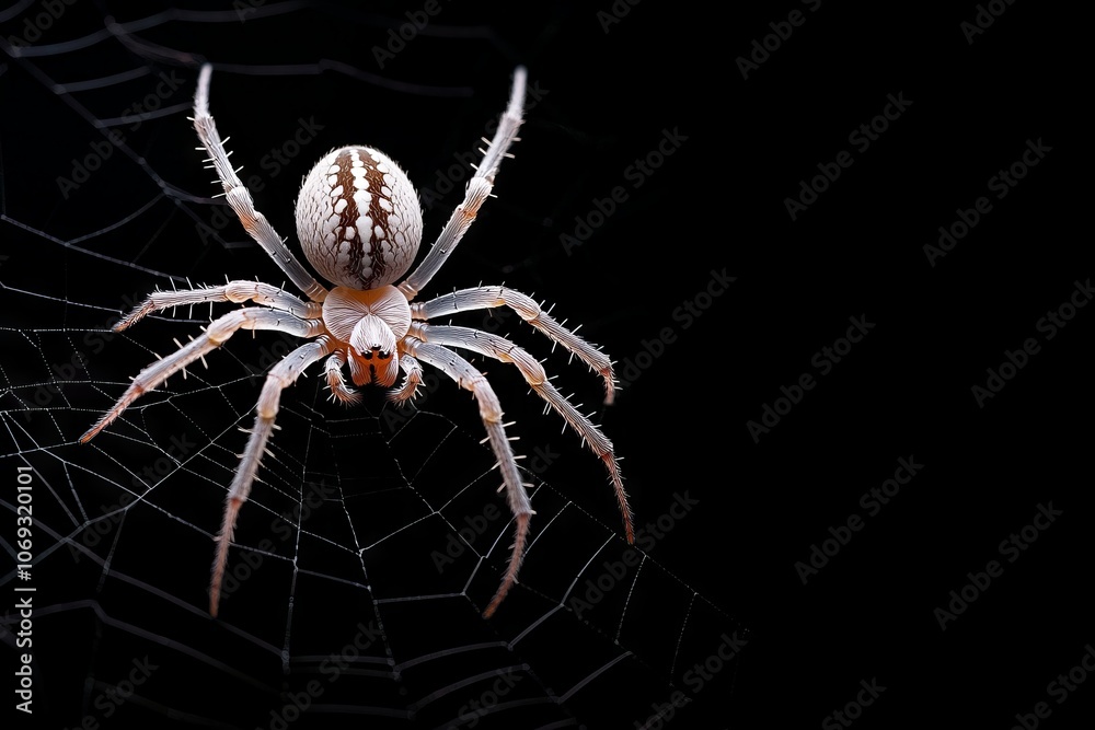 A spider weaves a web. Selective focus. Dark background. Color flicker and aberration. A spider weaves a web. Selective focus. Dark background. Color flicker and aberration.