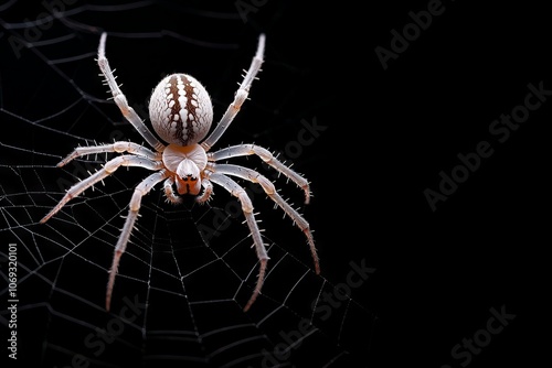 A spider weaves a web. Selective focus. Dark background. Color flicker and aberration.