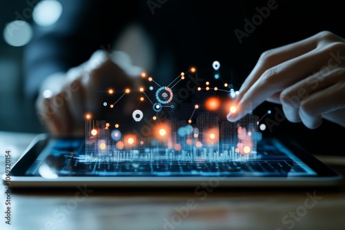 A person's hands are interacting with a digital tablet displaying vibrant data visualizations, highlighting trends in technology and analytics with a futuristic design.