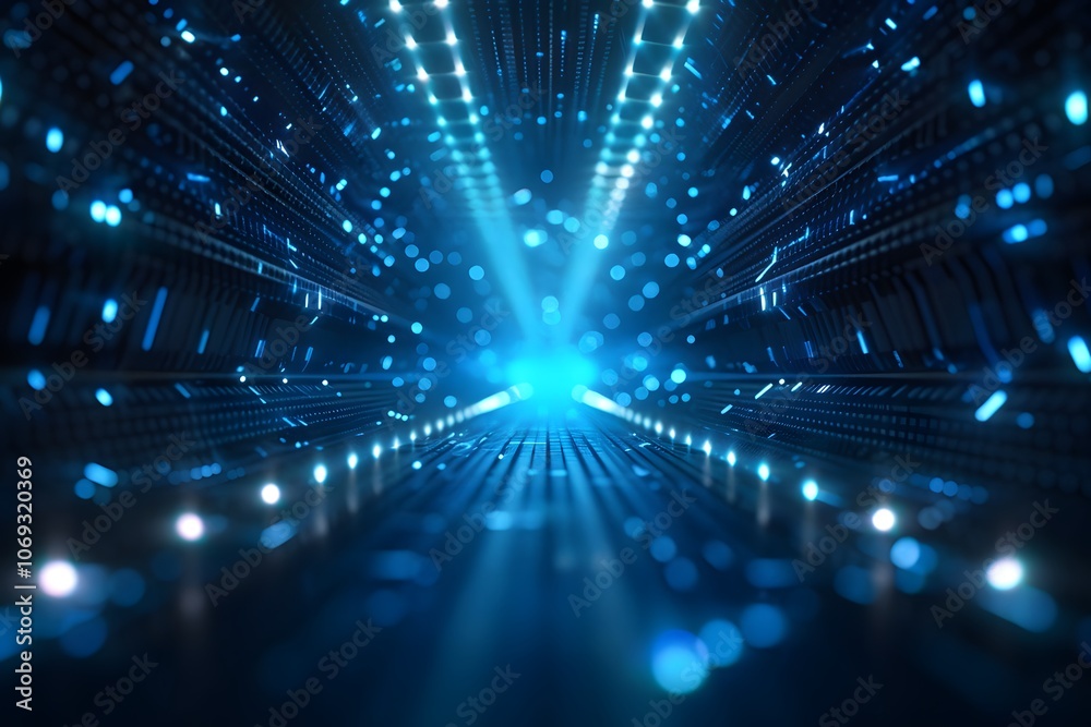 Obraz premium Futuristic Digital Tunnel with Glowing Blue Lights and Data Streams
