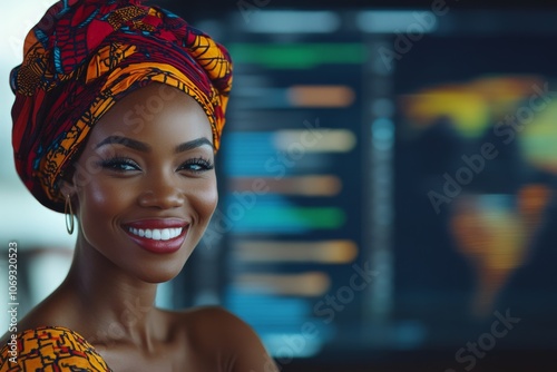 A smiling woman wearing a vibrant headwrap is portrayed against a background of digital analytical charts, blending cultural fashion with modern technology.