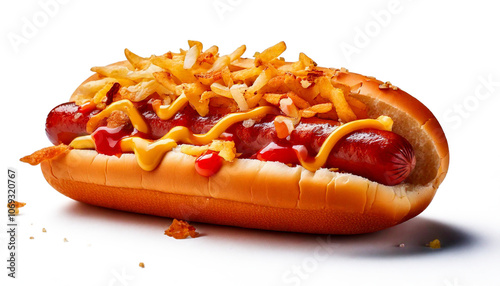 Pancho con ketchup y mostaza con papas fritas arriba