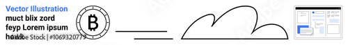 Bitcoin symbol, cloud icon, and user interface elements connected by lines. Ideal for finance, cryptocurrency, blockchain, cloud computing, technology integration, digital wallets, online