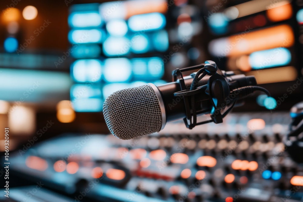 A professional microphone ready for use in a radio studio environment, featuring intricate technical equipment and various lit displays in the background. A professional microphone ready for use in a radio studio environment, featuring intricate technical equipment and various lit displays in the background.