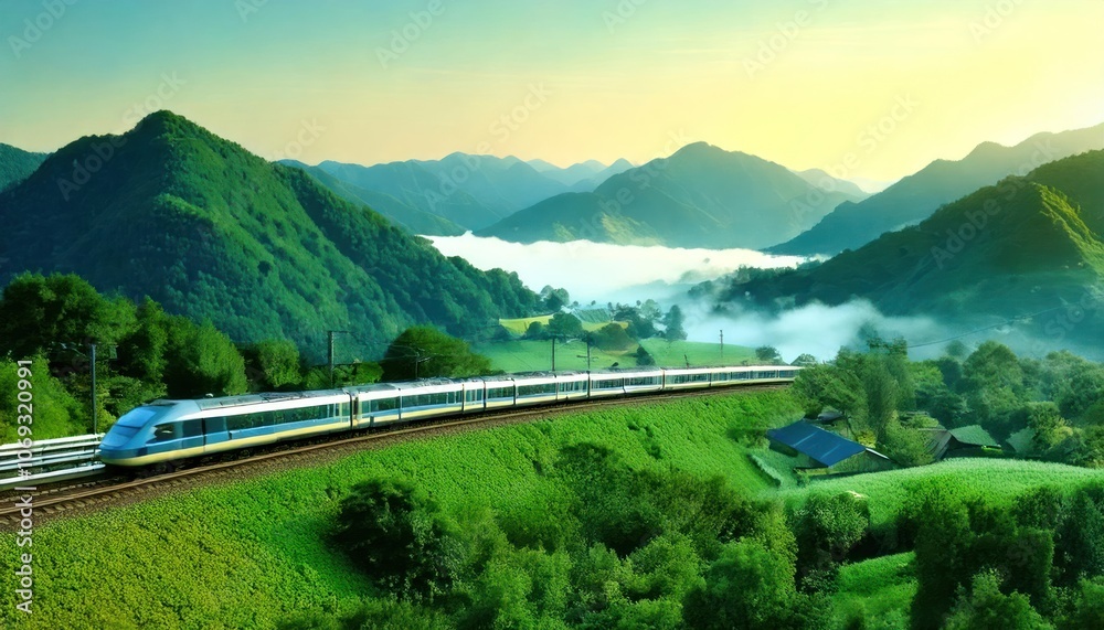 Naklejka premium A high-speed train navigating through lush green mountains