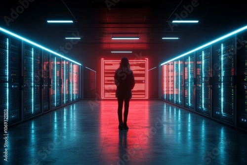 A solitary figure stands in a futuristic server room, accentuated by neon lights, reflecting the haunting beauty and vastness of modern digital infrastructures.