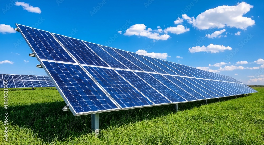 View of a large solar farm with rows of solar panels stretching across a field, under a blue sky and fluffy white clouds, showing a sustainable energy solution View of a large solar farm with rows of solar panels stretching across a field, under a blue sky and fluffy white clouds, showing a sustainable energy solution