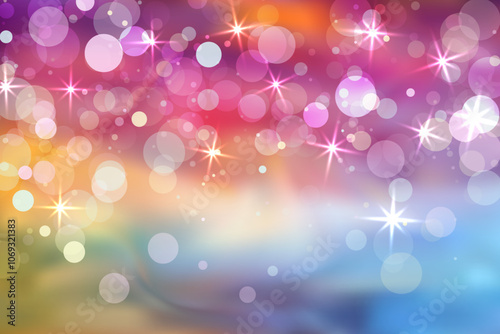 Vibrant dreamy bokeh effect, blending warm and cool colors in soft gradient. Large and small circular lights scattered. Glowing magical atmosphere. Star sparkles intersperse. Vector holographic design