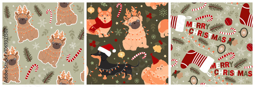Set of Christmas seamless patterns with cute funny dogs. Modern vector illustrations for wrapping paper, wallpapers, fabric, and cards.