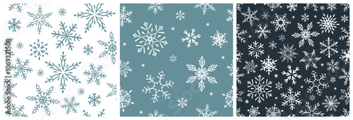 Seamless pattern of hand-drawn graphic snowflakes. Modern flat illustration. 