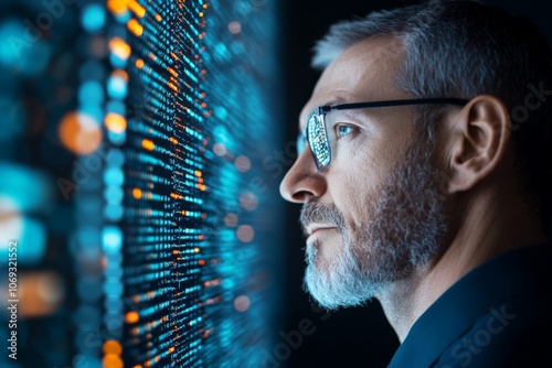 A man with glasses closely examines data on a glowing screen, symbolizing personal connection with technology and the complexity of modern digital environments. photo