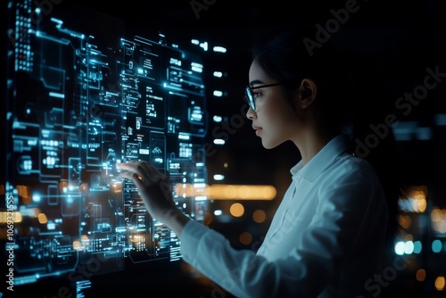 A woman with glasses interacts with a floating digital hologram. The image explores technology's future possibilities and human interface interaction. photo