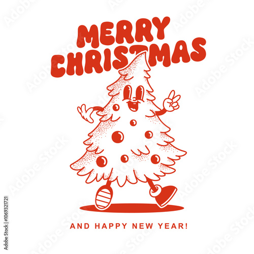 Merry Christmas and Happy New year smiling christmas tree in trendy retro cartoon style