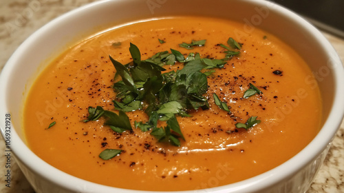 A comforting bowl of sweet potato soup garnished with herbs and spices.