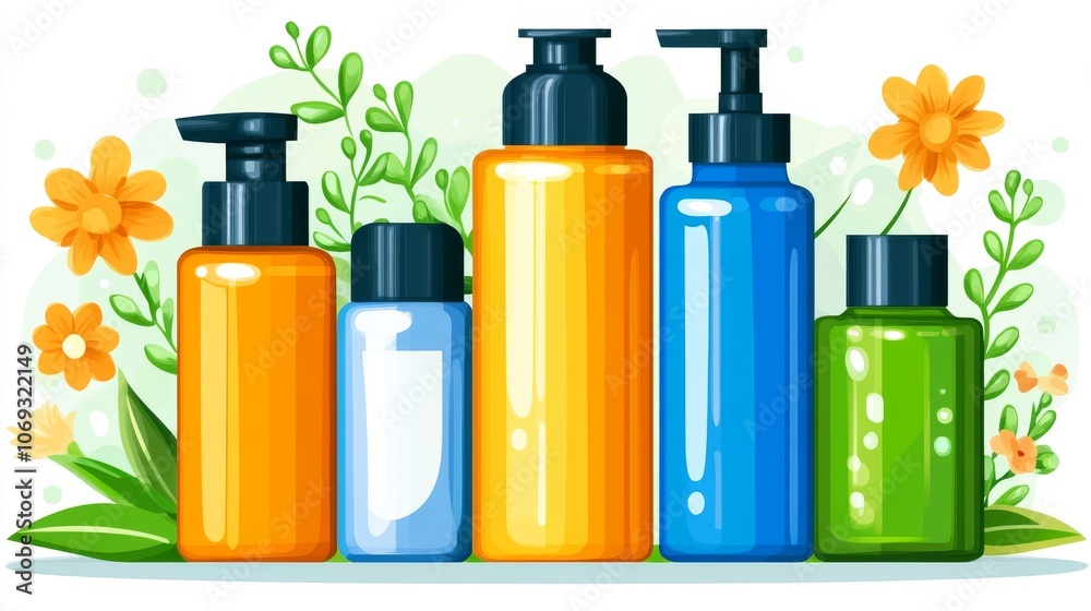 Bright display of blue orange and green skincare bottles with fresh flowers and leaves representing beauty wellness and nature in a vibrant fresh design Bright display of blue orange and green skincare bottles with fresh flowers and leaves representing beauty wellness and nature in a vibrant fresh design