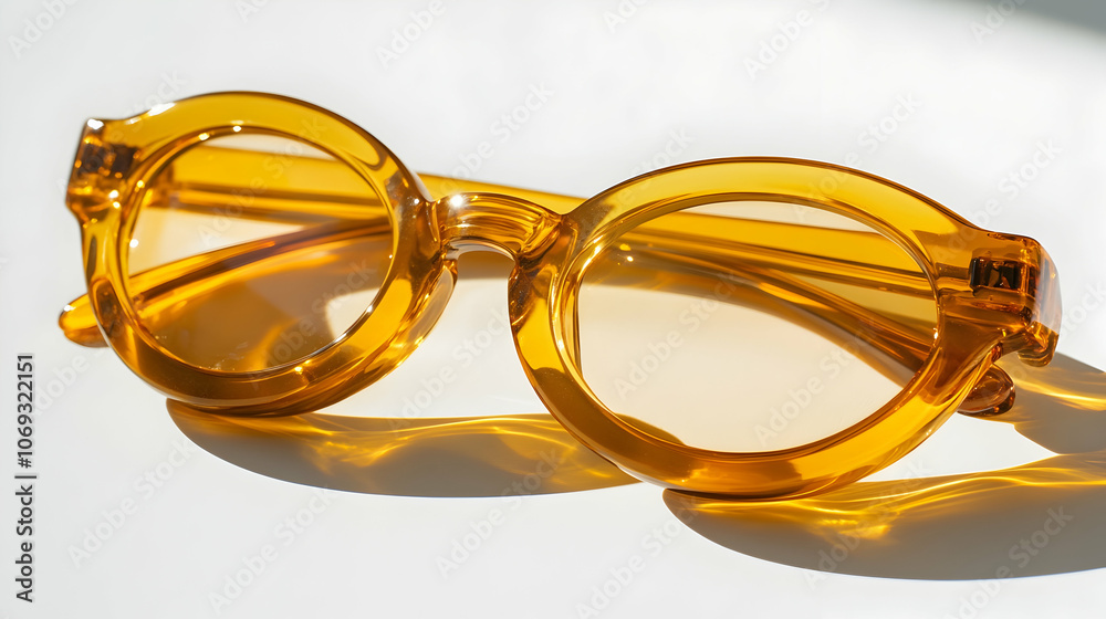 Amber Eyeglasses: Pair of amber transparent eyeglasses resting on a white surface. Amber Eyeglasses: Pair of amber transparent eyeglasses resting on a white surface.