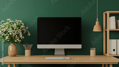 Minimalist Black Screen on Plain Desk in Modern Office