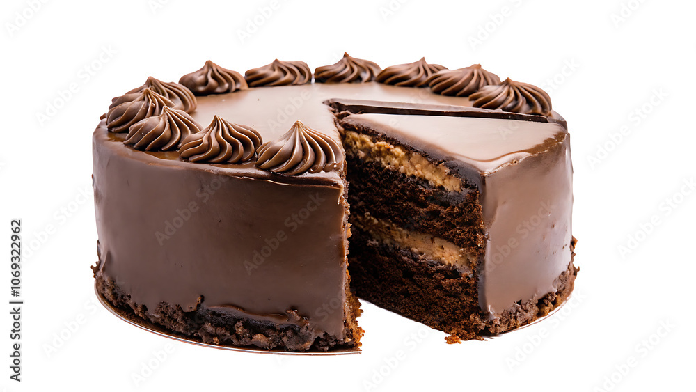 a chocolate cake with a slice missing isolated on white background.AI GENERATED a chocolate cake with a slice missing isolated on white background.AI GENERATED