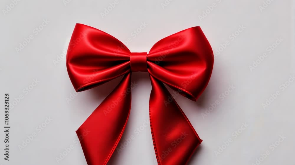 A red satin bow sits on a white surface A red satin bow sits on a white surface