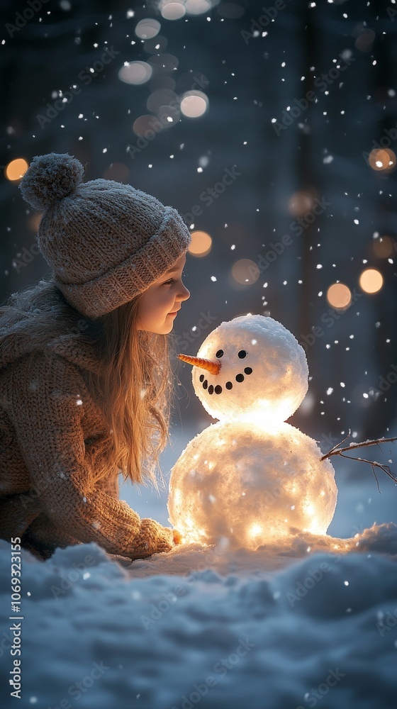 Little girl building snowman on a snowy evening, cozy winter holiday scene Little girl building snowman on a snowy evening, cozy winter holiday scene