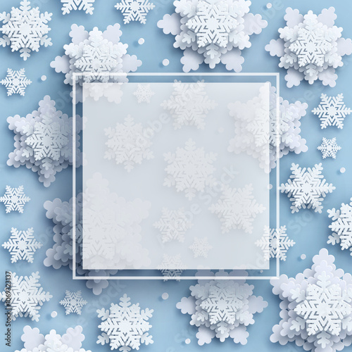 2025 Christmas and New Year background. Paper snowflakes xmas decorations. White and blue colors