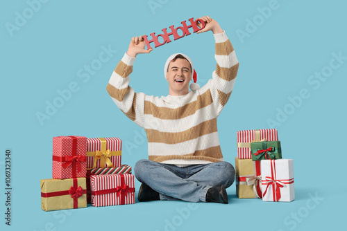 Young man with word HOHOHO ...
