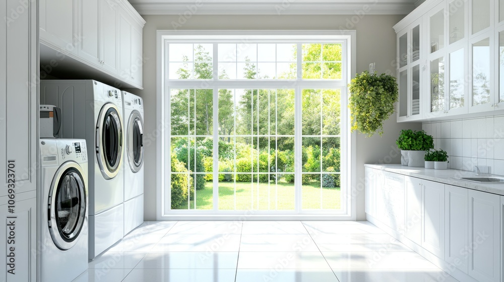 Sunlit Laundry Room with White Cabinets and Garden View for Bright and Functional Space Sunlit Laundry Room with White Cabinets and Garden View for Bright and Functional Space