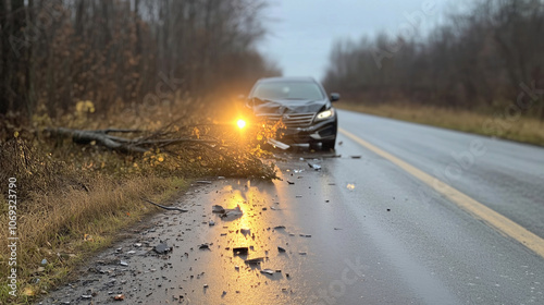 Car Accident Debris on Wet Road After Storm Damage Safety Warning