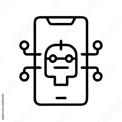 AI app illustration featuring robot face on smartphone with connection lines