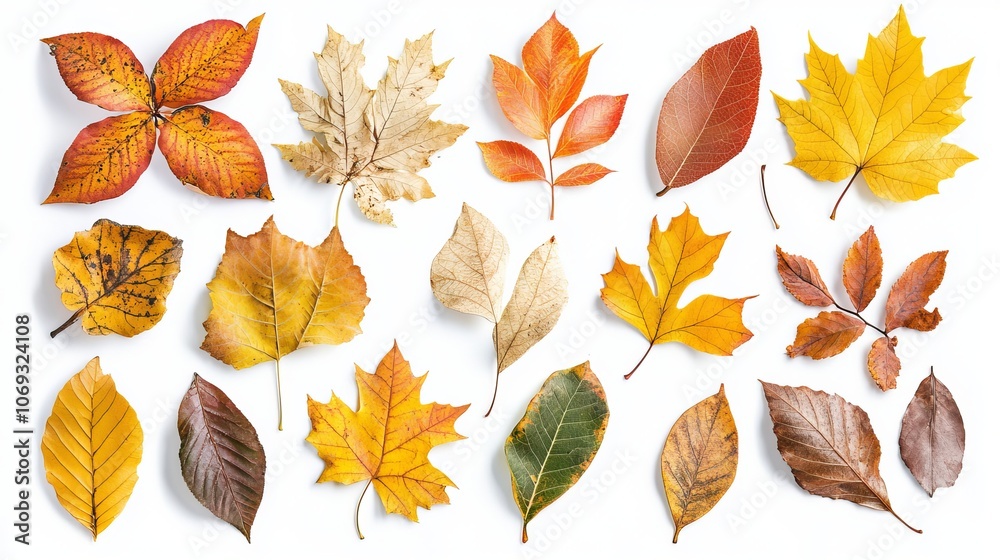 Collection of various autumn leaves isolated and arranged on a white background top view Collection of various autumn leaves isolated and arranged on a white background top view