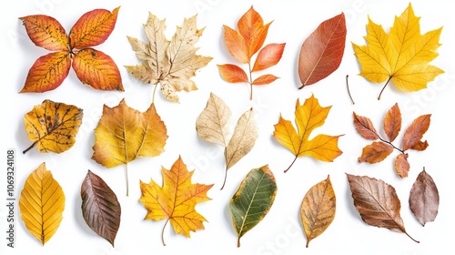 Collection of various autumn leaves isolated and arranged on a white background top view