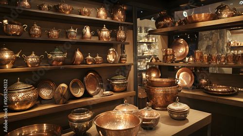 Copper Cookware: Aesthetic display of beautiful handcrafted copper pots and pans. 