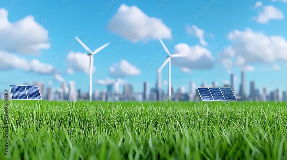 Seeing wind turbines, solar panels, and a smart city in the distance demonstrates the concept of renewable energy, sustainable development, and environmental responsibility Seeing wind turbines, solar panels, and a smart city in the distance demonstrates the concept of renewable energy, sustainable development, and environmental responsibility