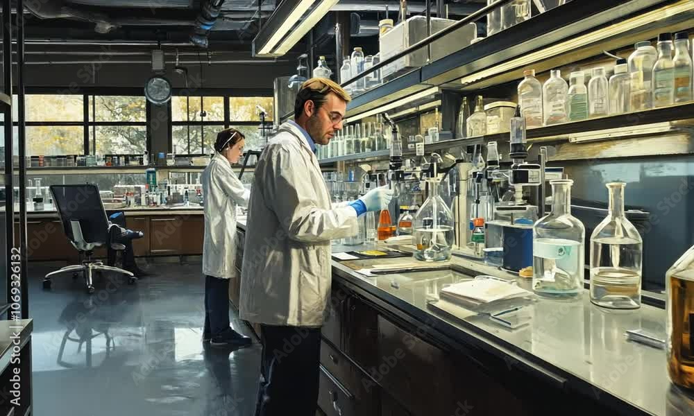 Scientists Conduct Research in a Modern Laboratory Filled with Chemical Equipment and Natural Light Scientists Conduct Research in a Modern Laboratory Filled with Chemical Equipment and Natural Light