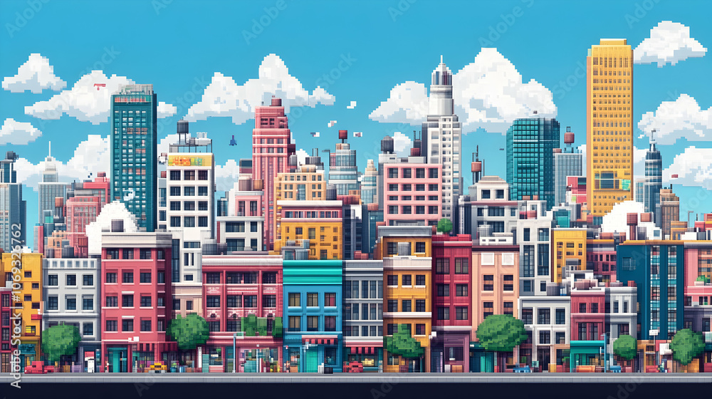 Fototapeta premium Generative AI Pixel Art: 8-bit pixel art of a city generated by AI, reminiscent of retro gaming.