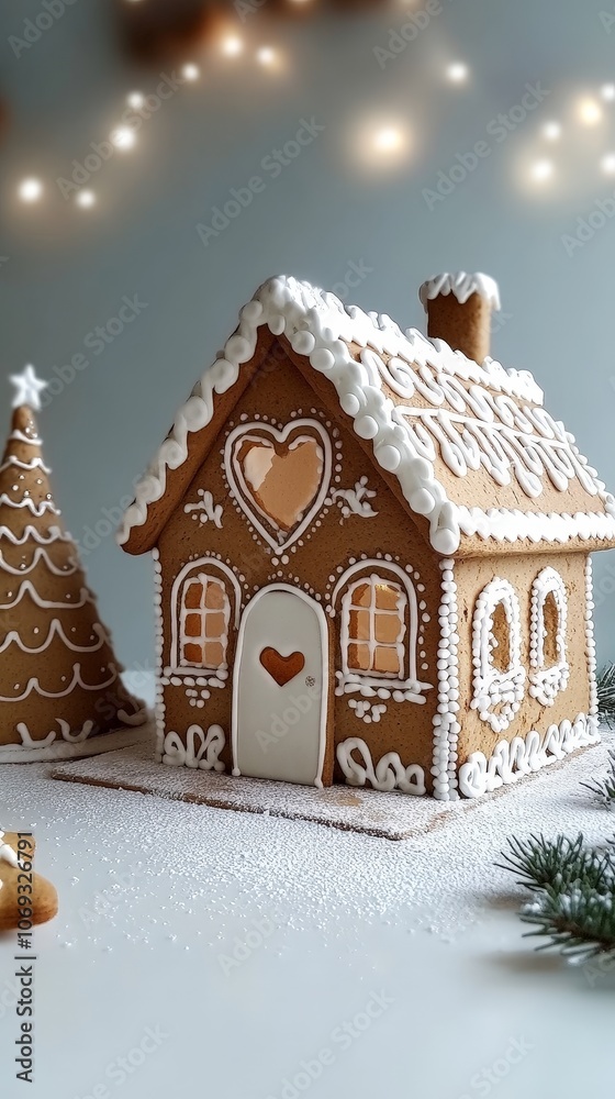 Gingerbread house and tree decorated with icing for Christmas Gingerbread house and tree decorated with icing for Christmas