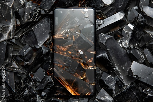 A Smartphone Surrounded by Shattered Glass Crystals