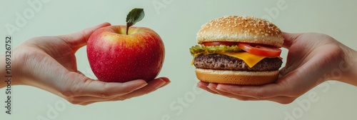 An extended hand displays a vivid red apple beside a traditional cheeseburger, each symbolizing different lifestyle choices, highlighting the theme of dietary decisions. photo