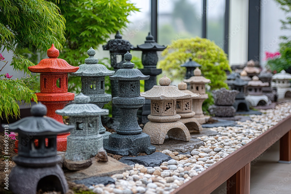 Fototapeta premium Japanese stone lanterns in a Zen garden.