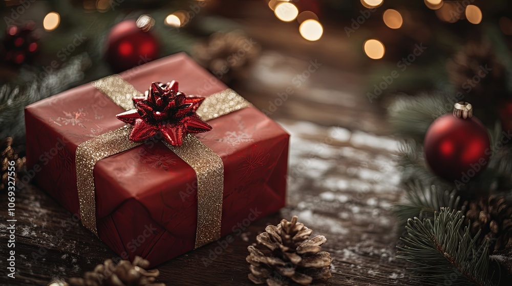 Red Christmas Gift with Gold Ribbon on Wooden Background Red Christmas Gift with Gold Ribbon on Wooden Background