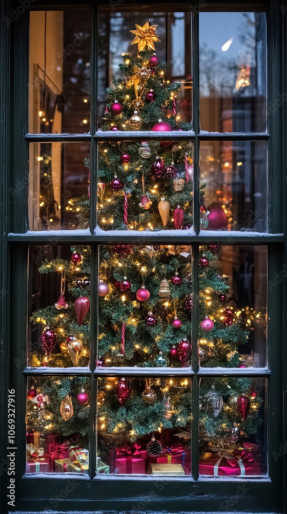 Fototapeta premium Christmas Tree Through a Snowy Window