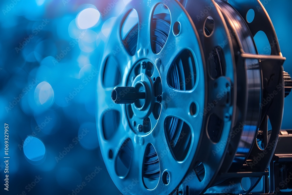 Obraz premium Vintage Film Reel with a Blue Bokeh Background