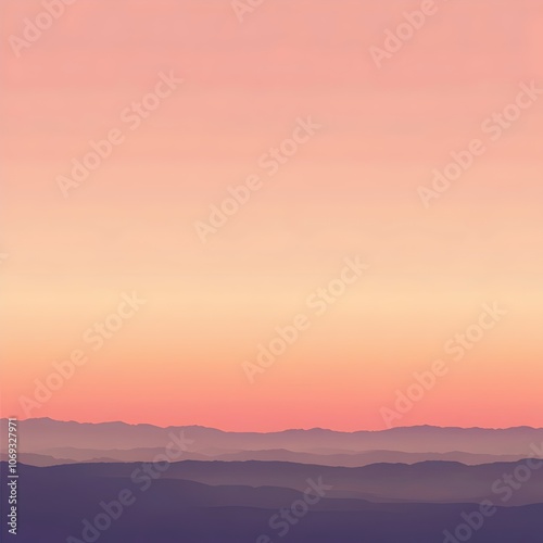 A tranquil sunrise over rolling purple mountains, with soft pastel hues blending into a serene sky, creating a peaceful and calming atmosphere.