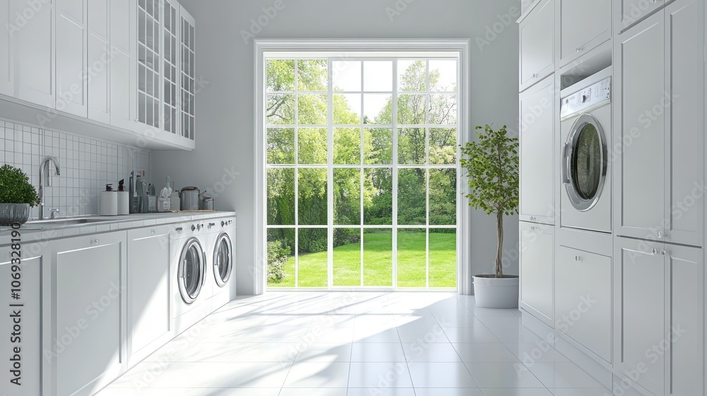 Modern Laundry Room with Large Window Overlooking Green Garden in Bright Daylight Setting Modern Laundry Room with Large Window Overlooking Green Garden in Bright Daylight Setting